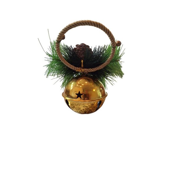 Gold Christmas Jingle Bell Ornament Pinecone Greenery Twisted Rope Handle - Picture 3 of 7